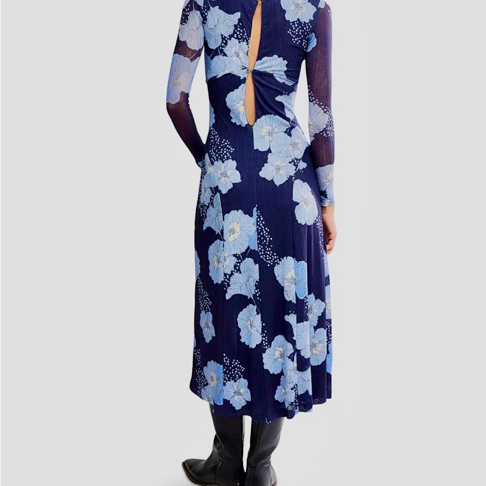 Free People Navy and Light Blue Floral Long Sleeve Dress